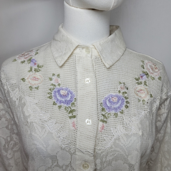 QPS Vintage 100% Cotton Lace Embroidered Shirt Size Medium - Picture 5 of 10